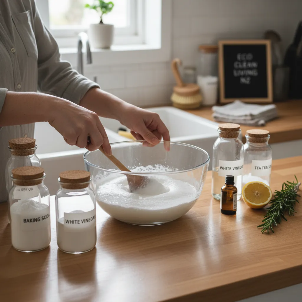 DIY eco-friendly cleaning product ingredients on a kitchen counter, showcasing green living tips NZ