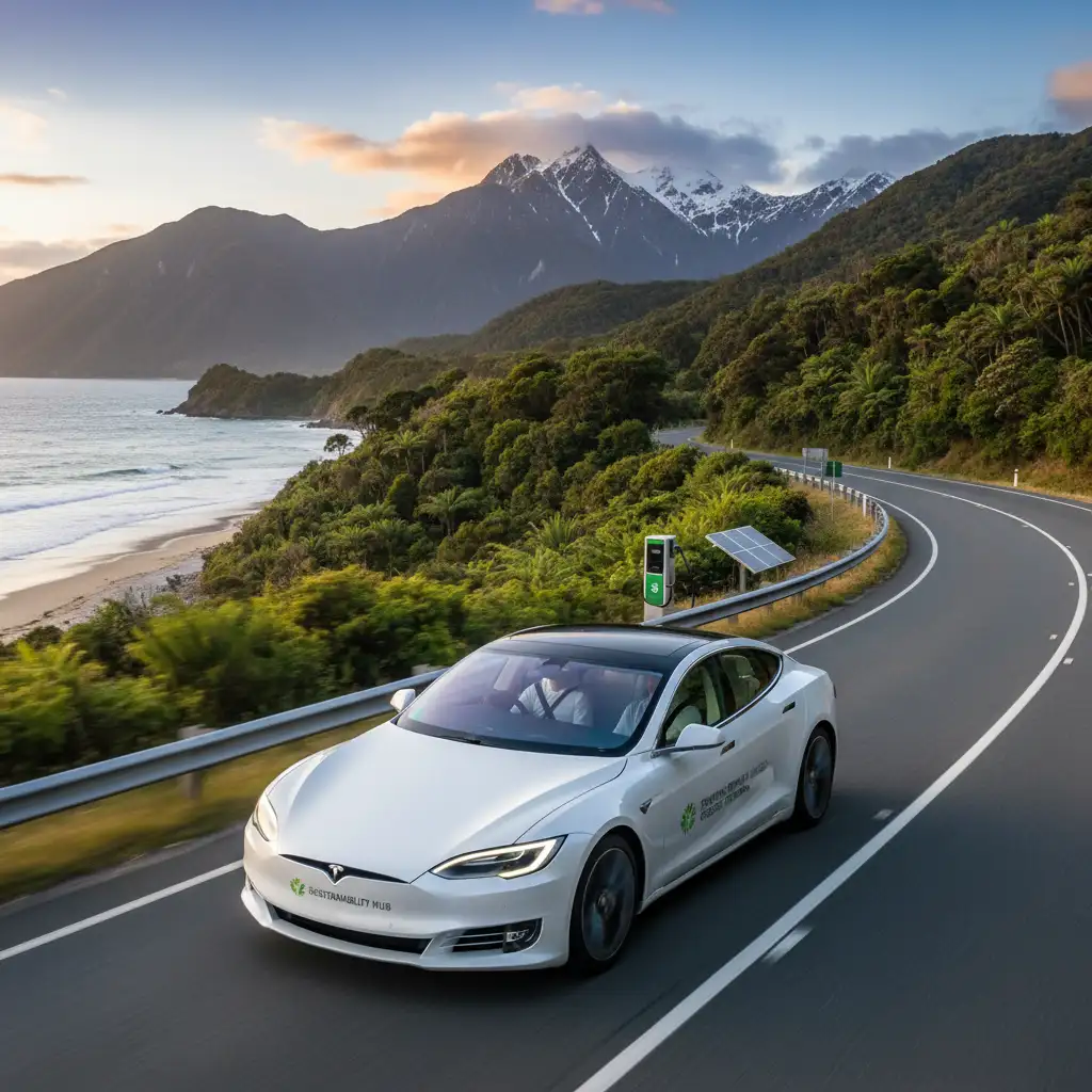 Electric vehicle driving on a road in sustainable New Zealand