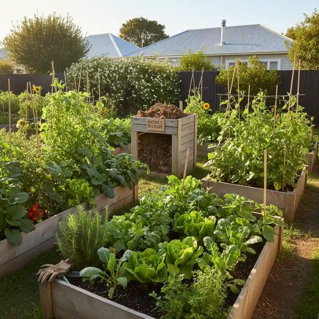 Sustainable urban garden with compost system, illustrating green living tips NZ