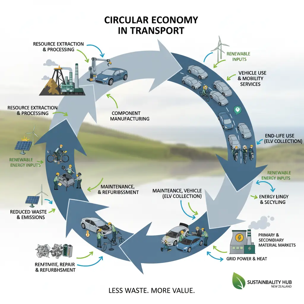 Circular economy diagram for sustainable vehicle production and recycling.
