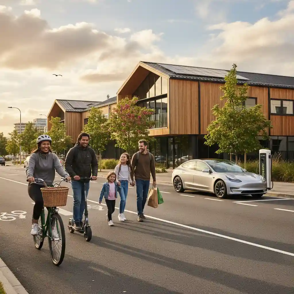 New Zealanders embracing sustainable transport: walking, cycling, and electric vehicles.