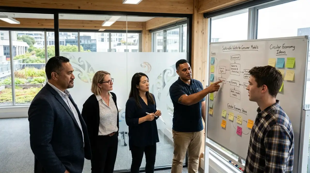 Professionals collaborating on improving sustainable operations