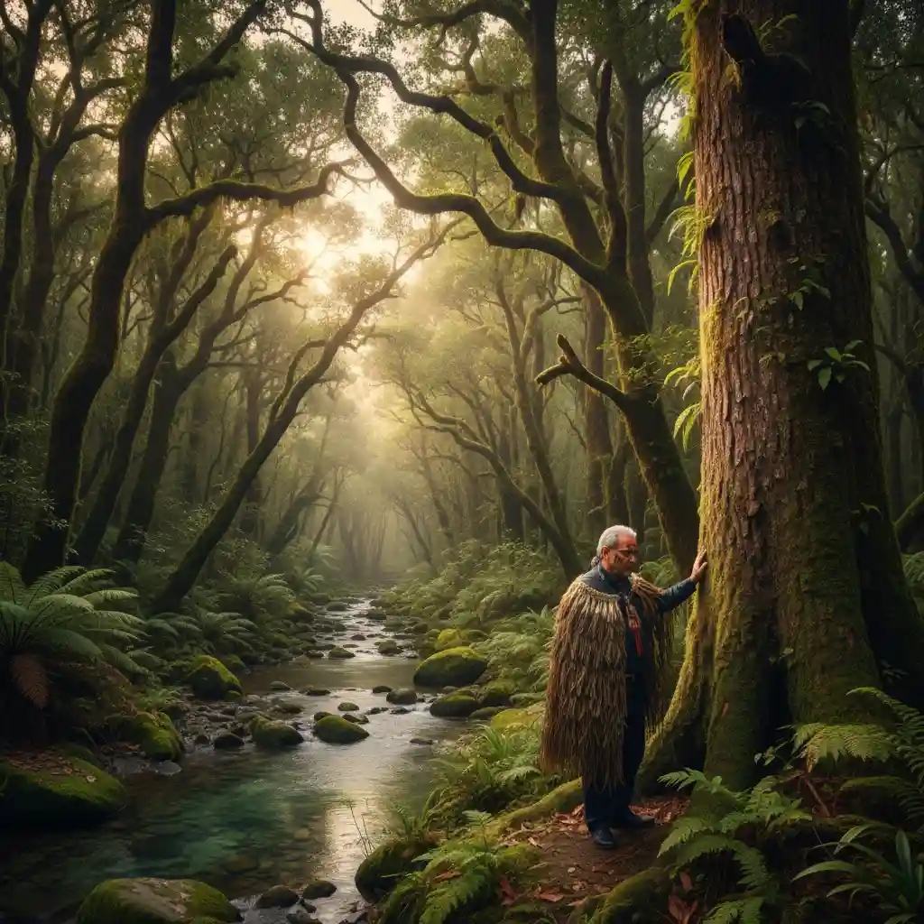 Indigenous elder interacting respectfully with a native New Zealand forest