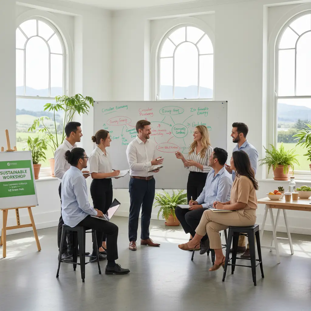 Employees collaborating on sustainability initiatives
