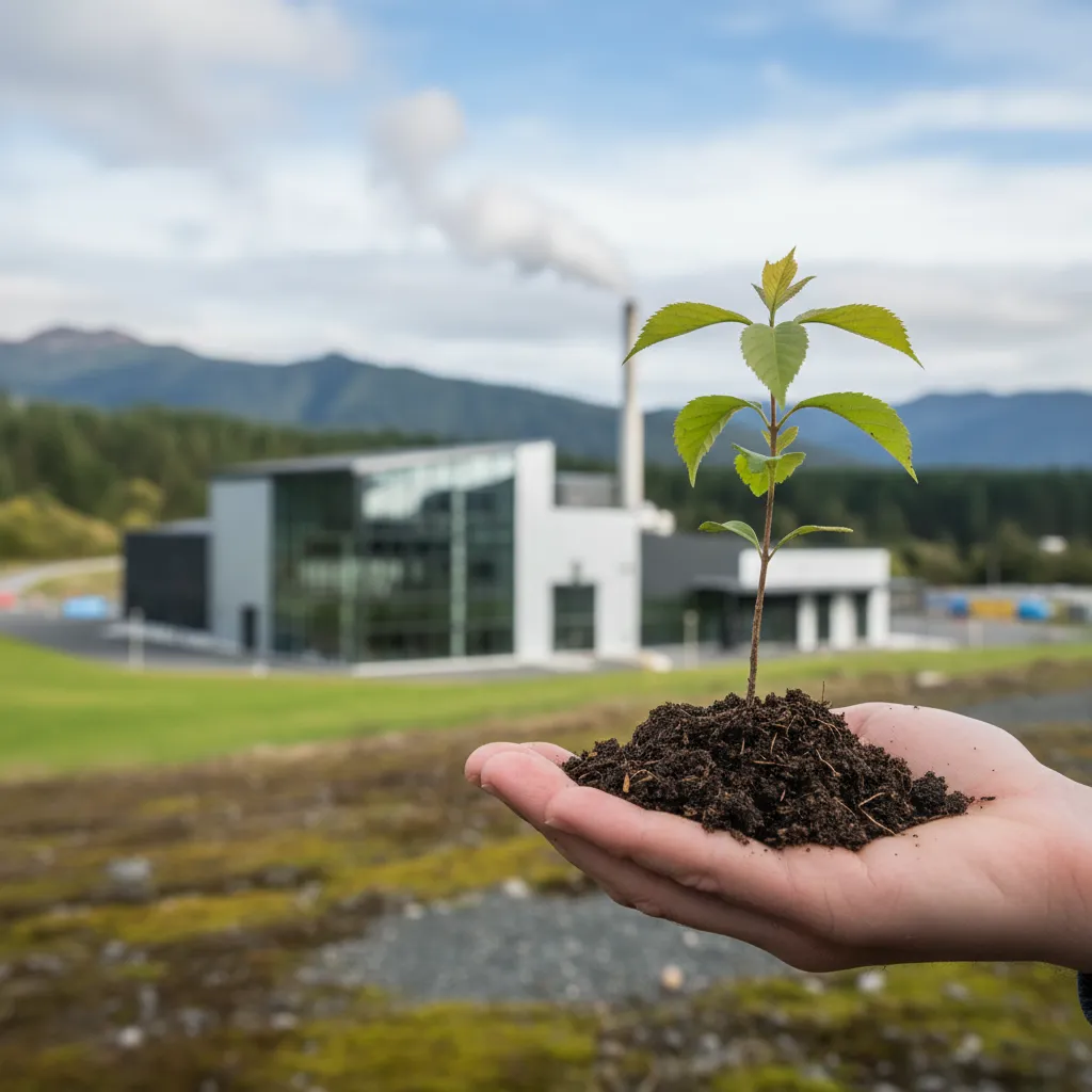 Hand holding sapling in front of factory, symbolizing green procurement