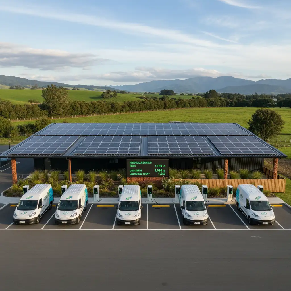 Electric delivery vans charging at solar-powered depot