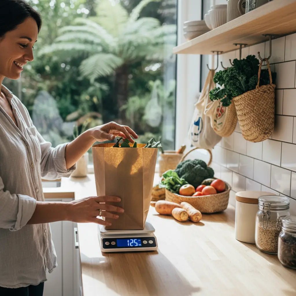 Person weighing waste to set measurable sustainability goals