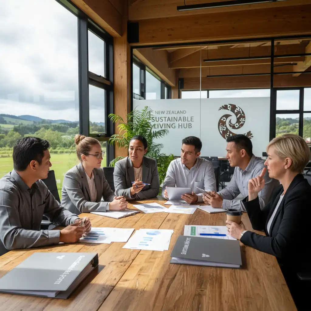 Business professionals discussing sustainability reports and compliance