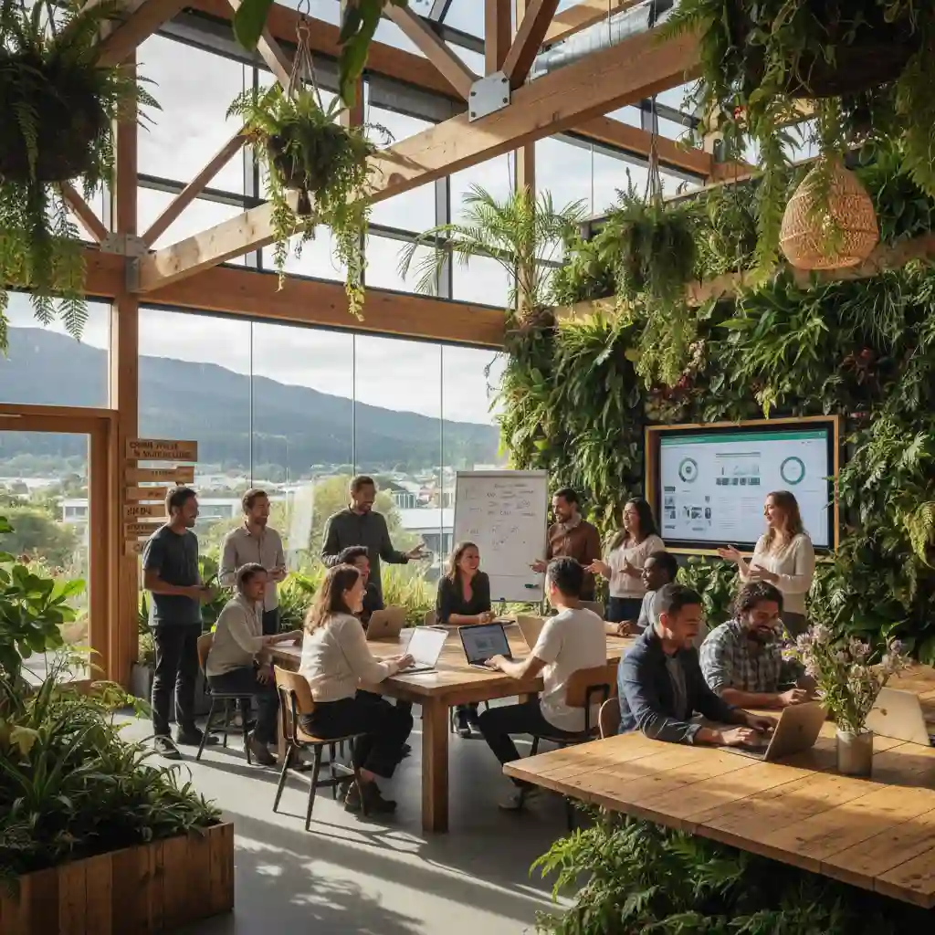 Happy diverse team in eco-friendly office