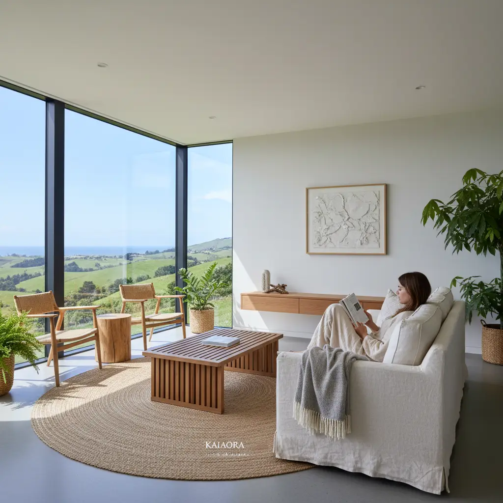 A clean, minimalist living room showcasing eco-friendly wooden and natural fabric furniture, enhancing indoor air quality