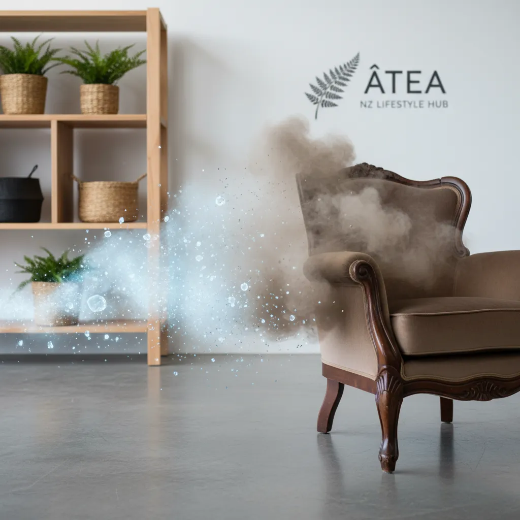 Volatile Organic Compounds (VOCs) off-gassing from new furniture, symbolizing indoor air pollution