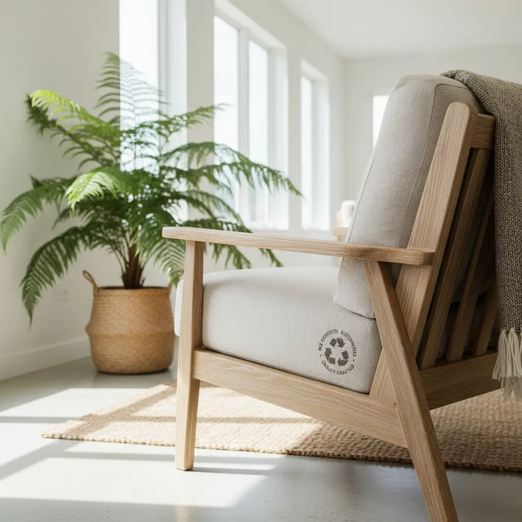 A stylish eco-friendly armchair with a sustainability certification, symbolizing a healthy home environment